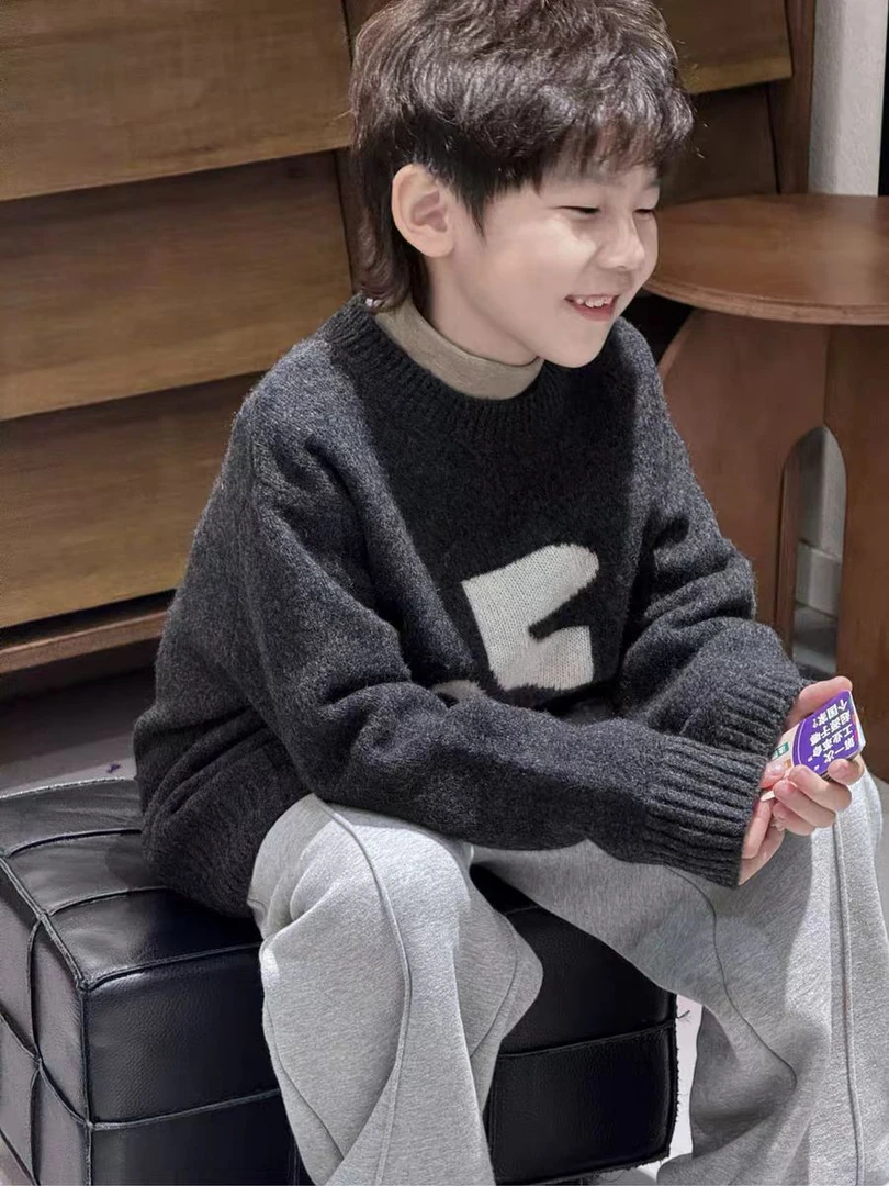 不起球韩国绒2025冬季新款韩版男童毛衣圆领针织衫儿童保暖打底衫