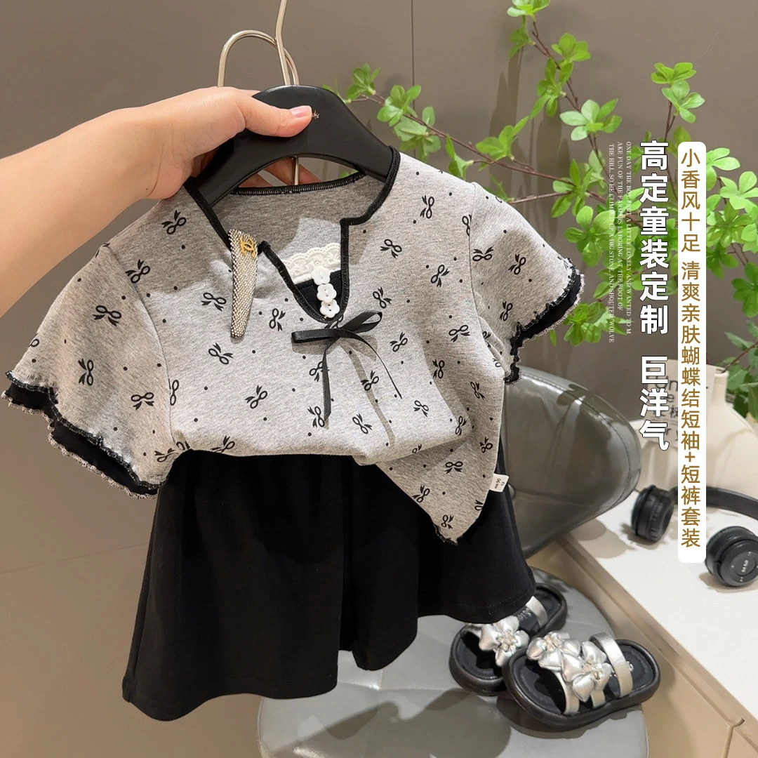 女童纯棉套装蕾丝花边短袖百搭短裤女宝小香风半袖T恤两件套童装