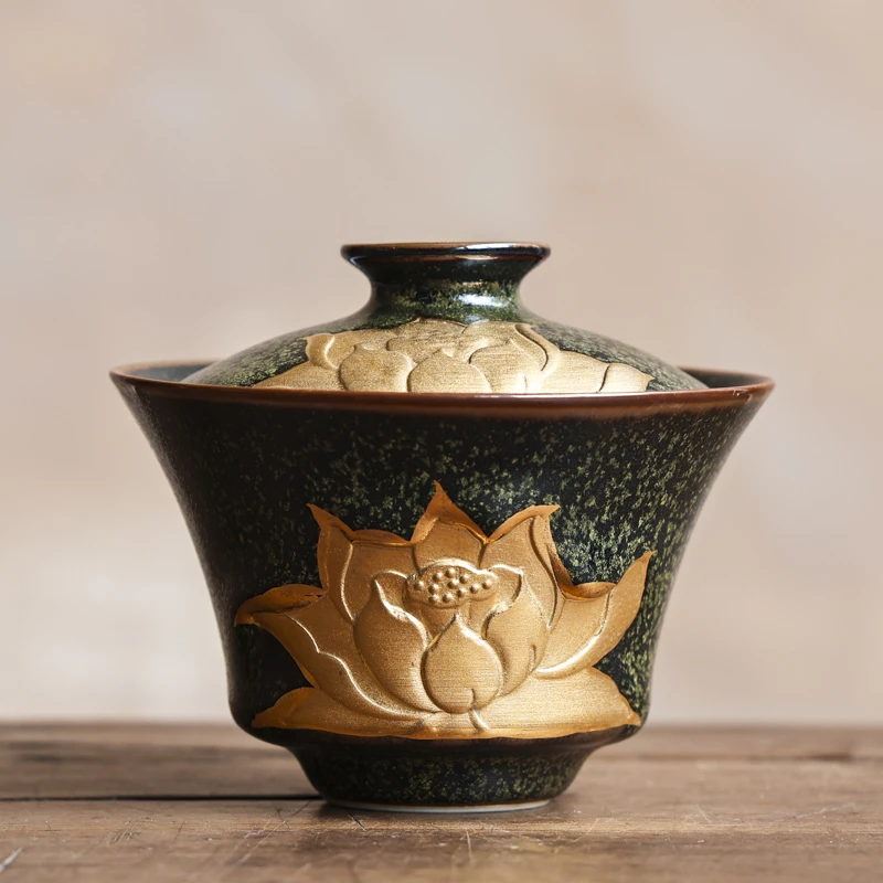 【凤庭】茶叶末-金莲花盖碗茶具泡茶碗（Q1932）容量120cc