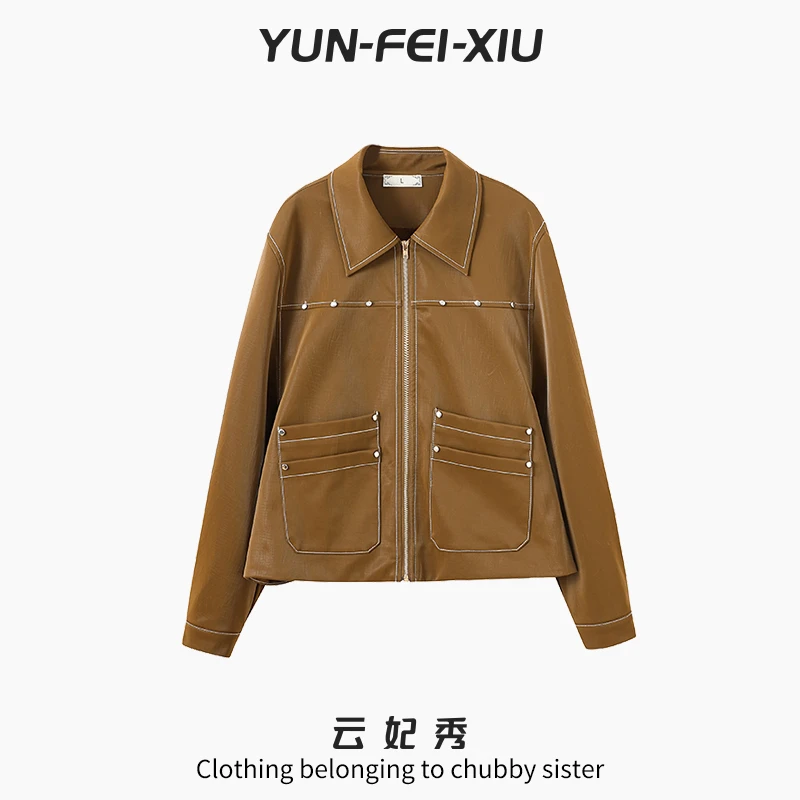 云妃秀大码女装皮衣翻领时尚休闲宽松显瘦胖妹妹通勤风秋季23002