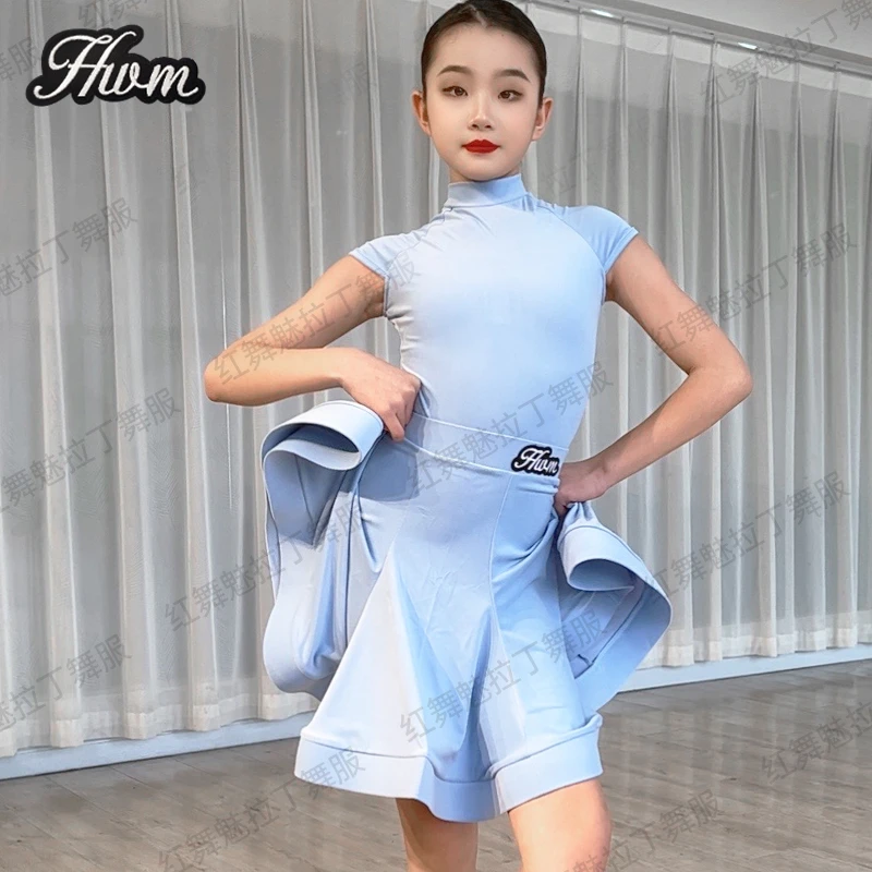 红舞魅拉丁舞比赛服夏季新款女童国际标准舞半袖高领云朵绒规定服