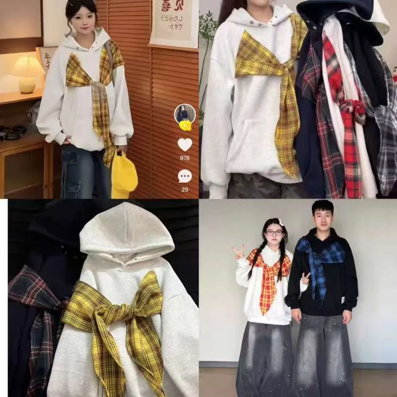 「小吴家」学院风韩系早秋新款复古格子蝴蝶结卫衣