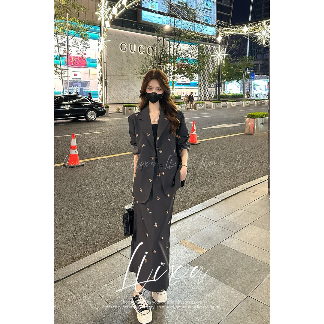 Liixu新气质高级感西装外套高腰显瘦半身裙三件套女24TZ096