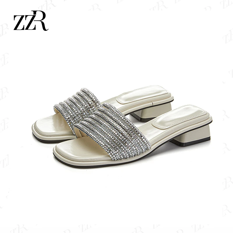 ZZR方头水钻一字带拖鞋女新款休闲粗跟露趾百搭凉拖