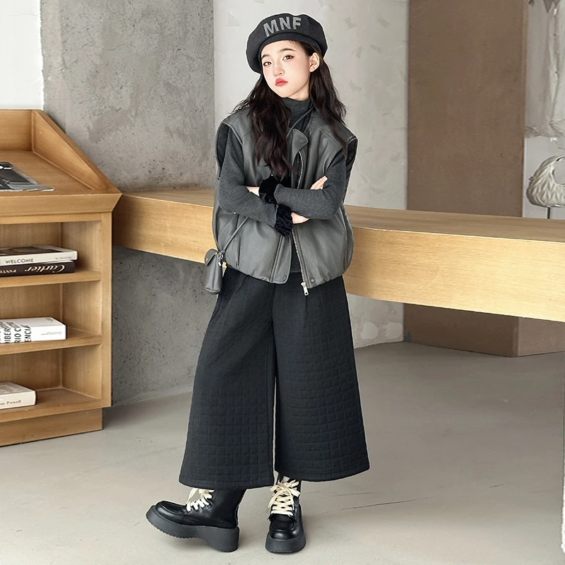 女童韩系皮马甲洋气绗棉裙裤套装2025新款中大童高级感穿搭三件套