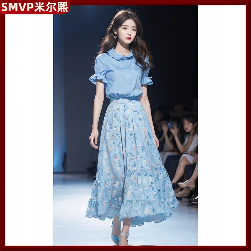 I夏装搭配一整套韩系蓝色短袖衬衫碎花半身裙套装2025女装夏季1