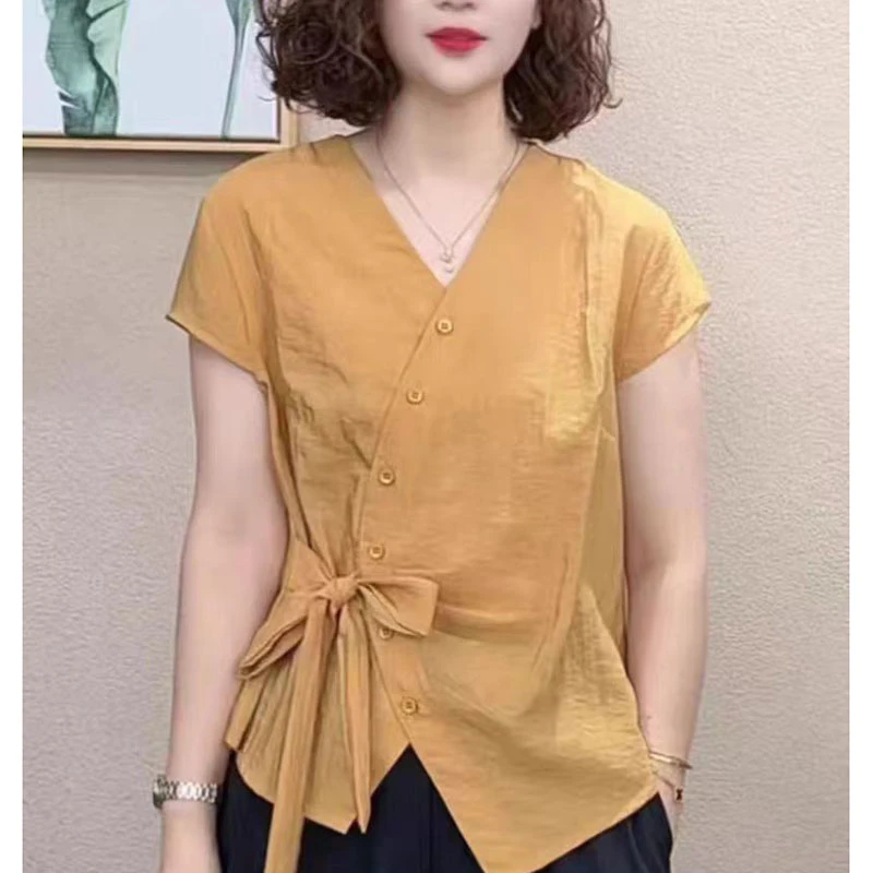 气质V领系带设计感短袖衬衣夏款新款减龄显瘦洋气简约衬衫女上衣