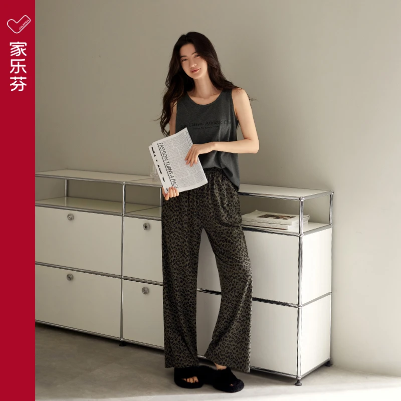 家乐芬带胸垫睡衣女士夏季夏天背心长裤莫代尔家居服冰丝豹纹套装