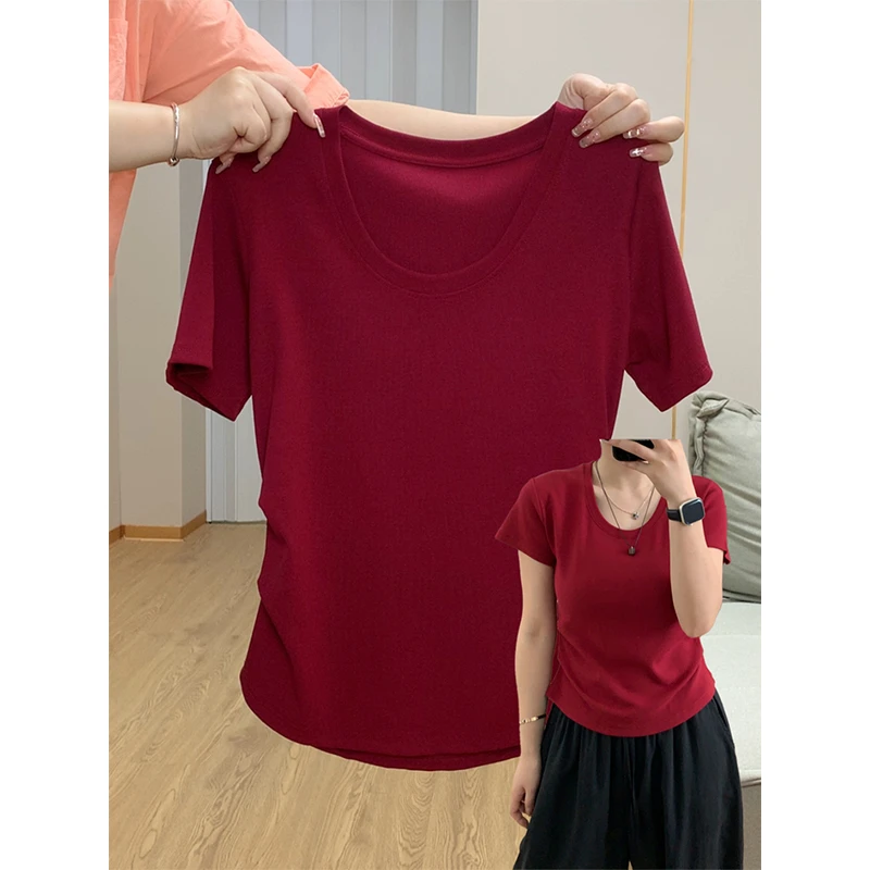特大码200斤法式独特U领掐腰正肩短袖t恤女夏季修身辣妹上衣ins潮