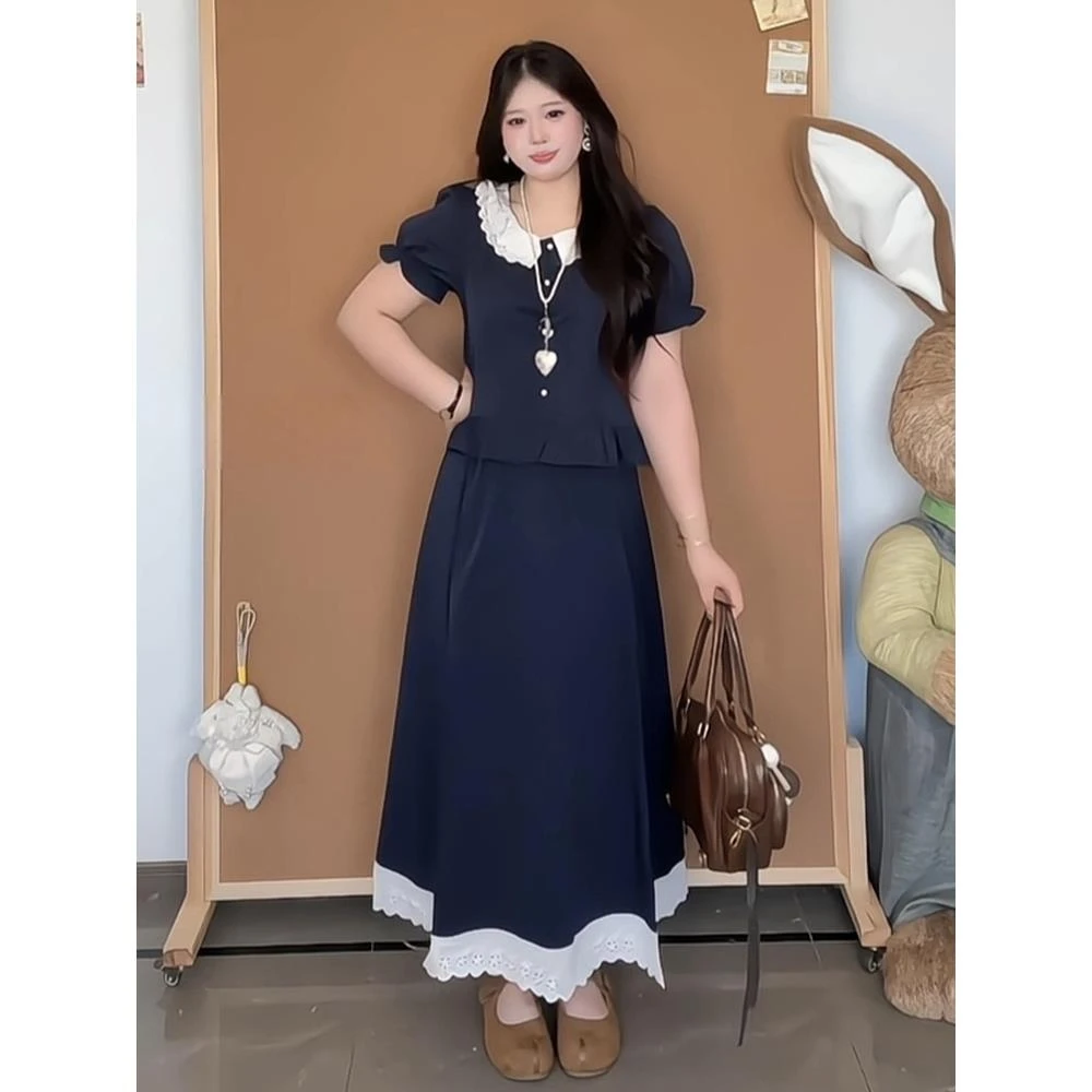大码女装胖mm韩系花边娃娃领短袖衬衫+半裙2025夏季显瘦遮肉套装