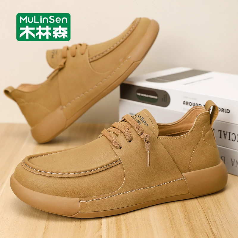 木林森男鞋潮牌高级感复古英伦男休闲皮鞋春秋新款一脚蹬工作板鞋