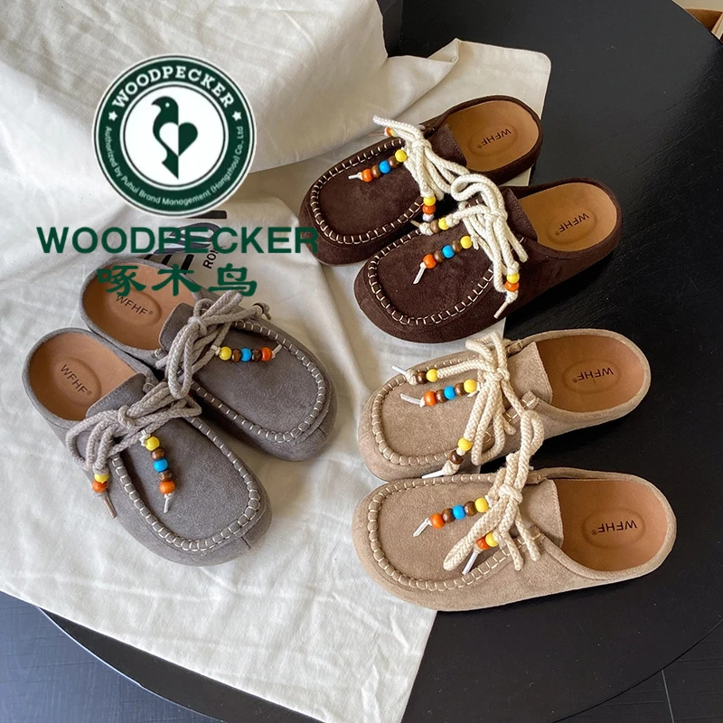 啄木鸟复古百搭袋鼠鞋包头半拖鞋女2025新厚底内增高休闲勃肯凉拖