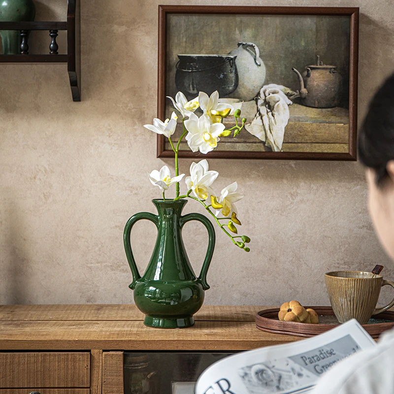 小悠家〖轻奢装饰品〗哥本哈根复古双耳陶瓷花瓶绿色复古餐桌摆件