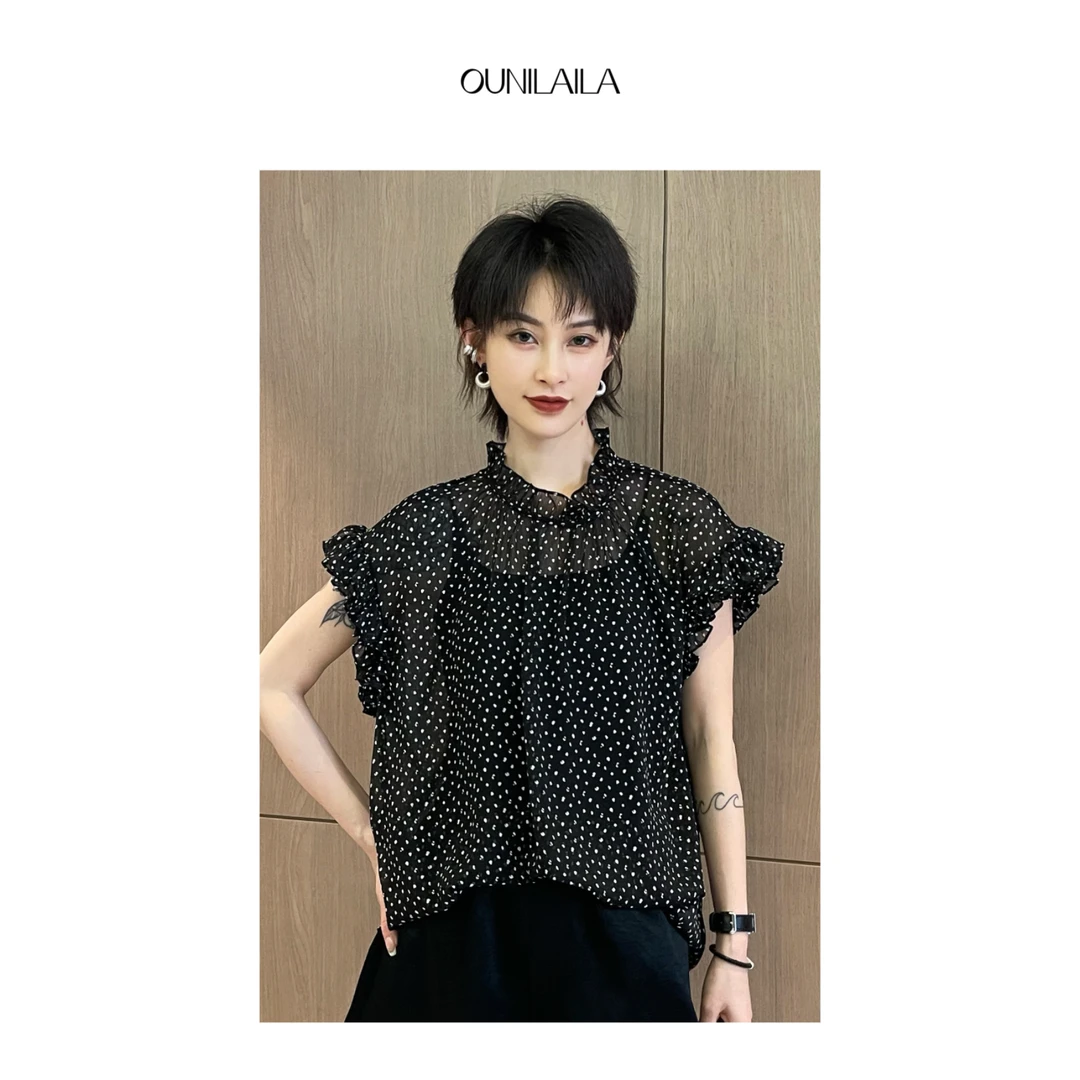 欧尼家【扶风】韩系圆点透感宽松版气质女士夏季设计感短袖SY6323N