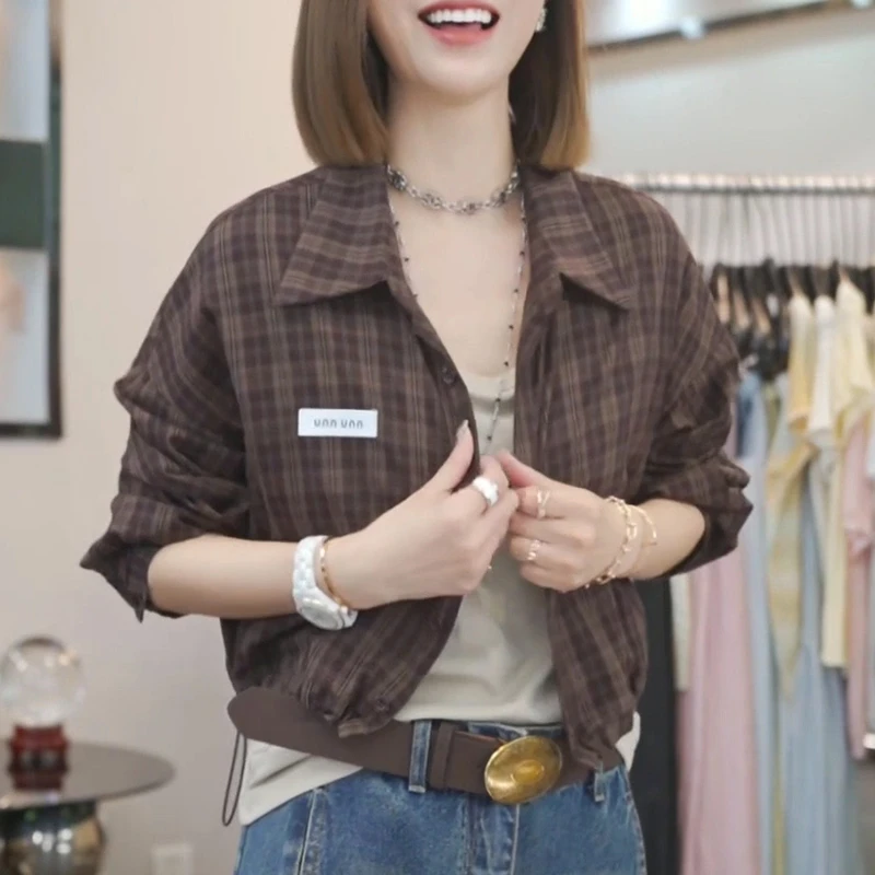 【格韵秋浓】格纹翻领收腰衬衫外套女2025夏季新款休闲时尚开衫上衣