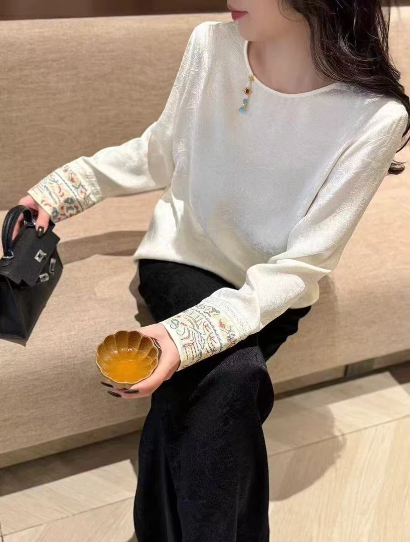 新中式真丝提花刺绣流苏衬衫女2025春季新品优雅气质复古长袖上衣