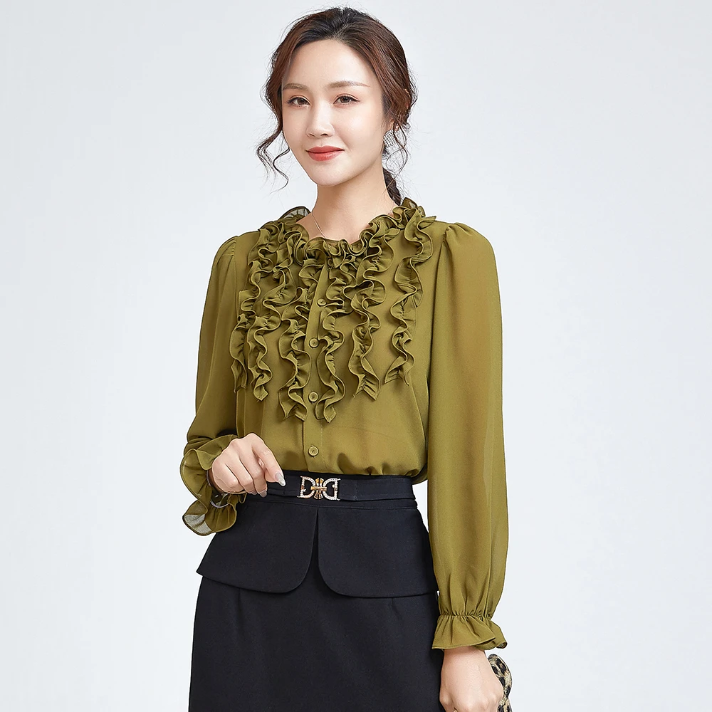 22027春款气质褶皱花边开衫时尚雪纺衫设计感小众春季服饰衬衫