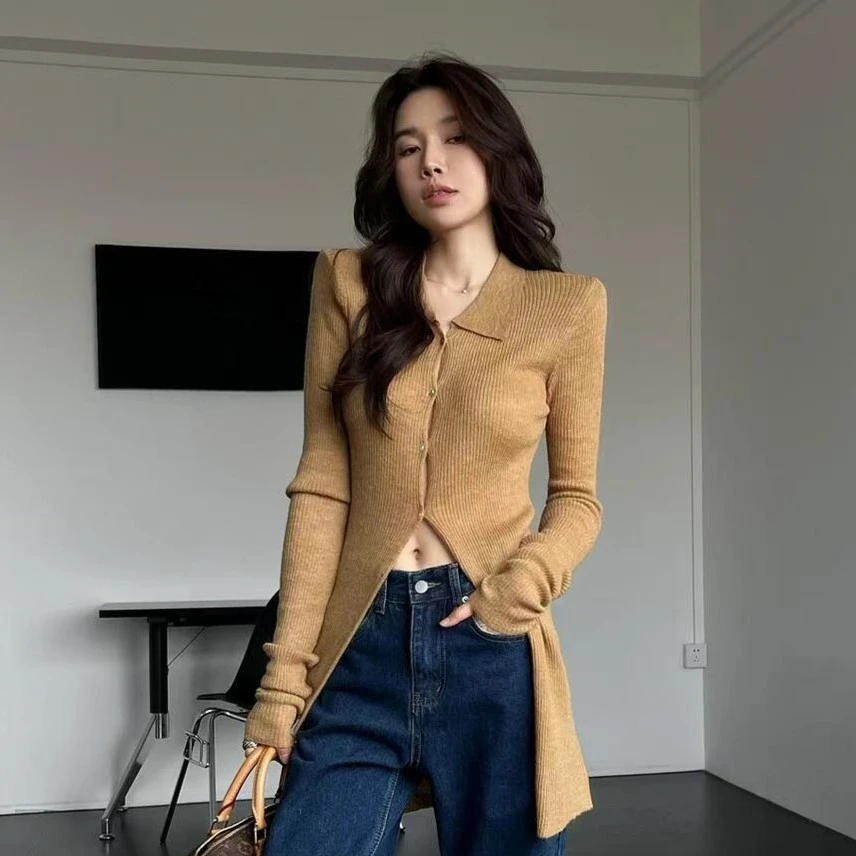 70400 领掐腰长袖针织上衣女秋季新款内搭中长款高级感毛衣开衫
