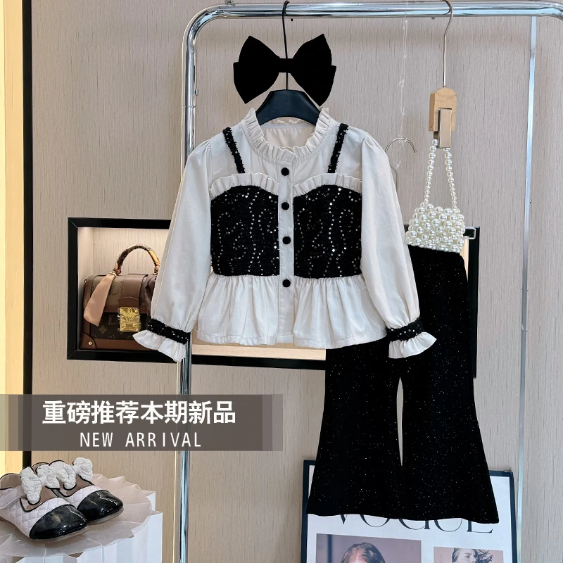 【现货】女童秋季套装2025新款网红小女孩洋气时髦长袖衬衫秋两件套