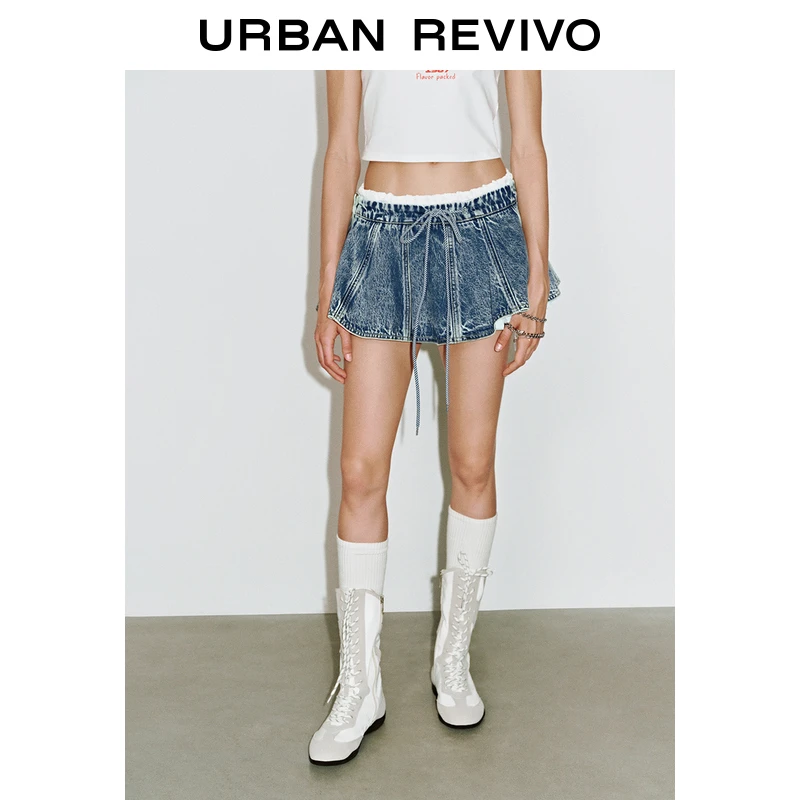 UR2025夏季新款女装拼接假两件设计感抽绳牛仔半裙UYV850054