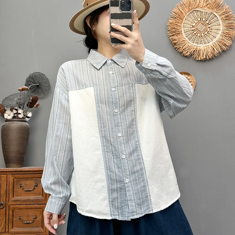 春秋新款女装上衣气质通勤拼色领显瘦百搭纯棉条纹衬衫女长袖气质