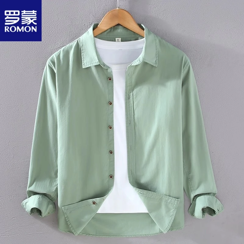 罗蒙全纯棉短袖衬衫男士夏季潮流百搭宽松浅绿色清新薄款休闲衬衣