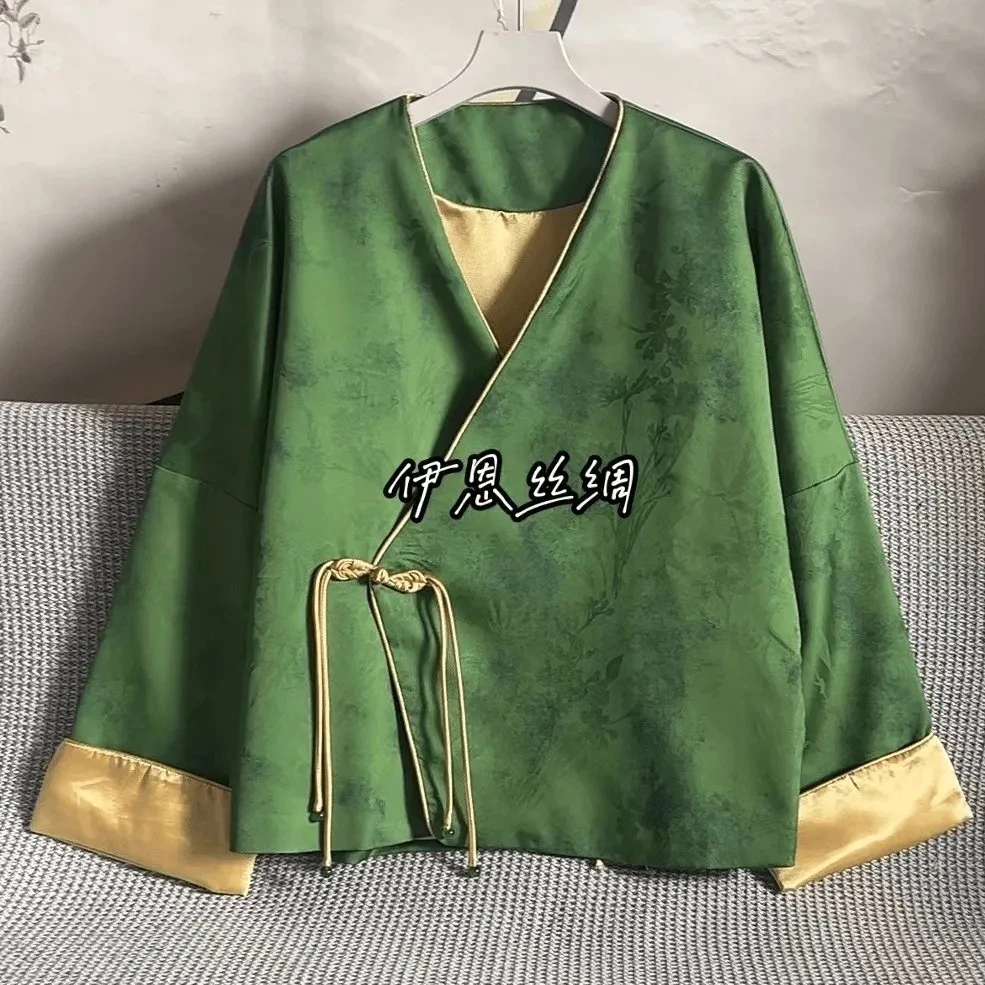 时尚国风女装明星同款绿V领开衫宽松复古中式提花设计感