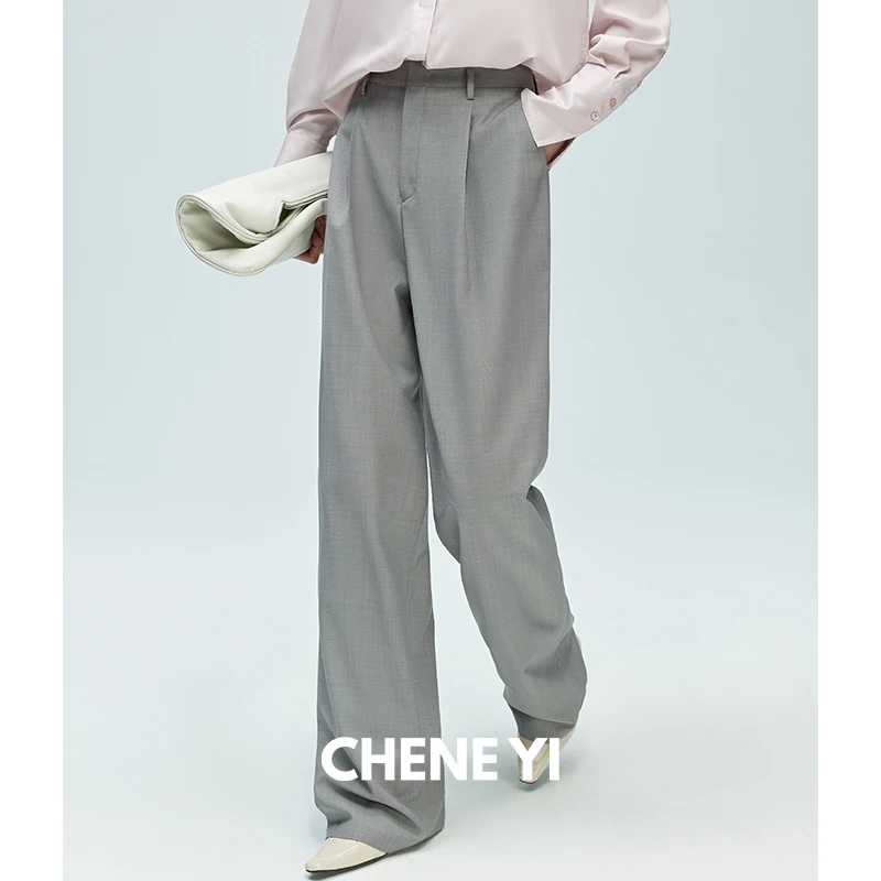 CHENE YI康赛妮精纺色织羊毛中高腰立体倒褶设计直筒西裤