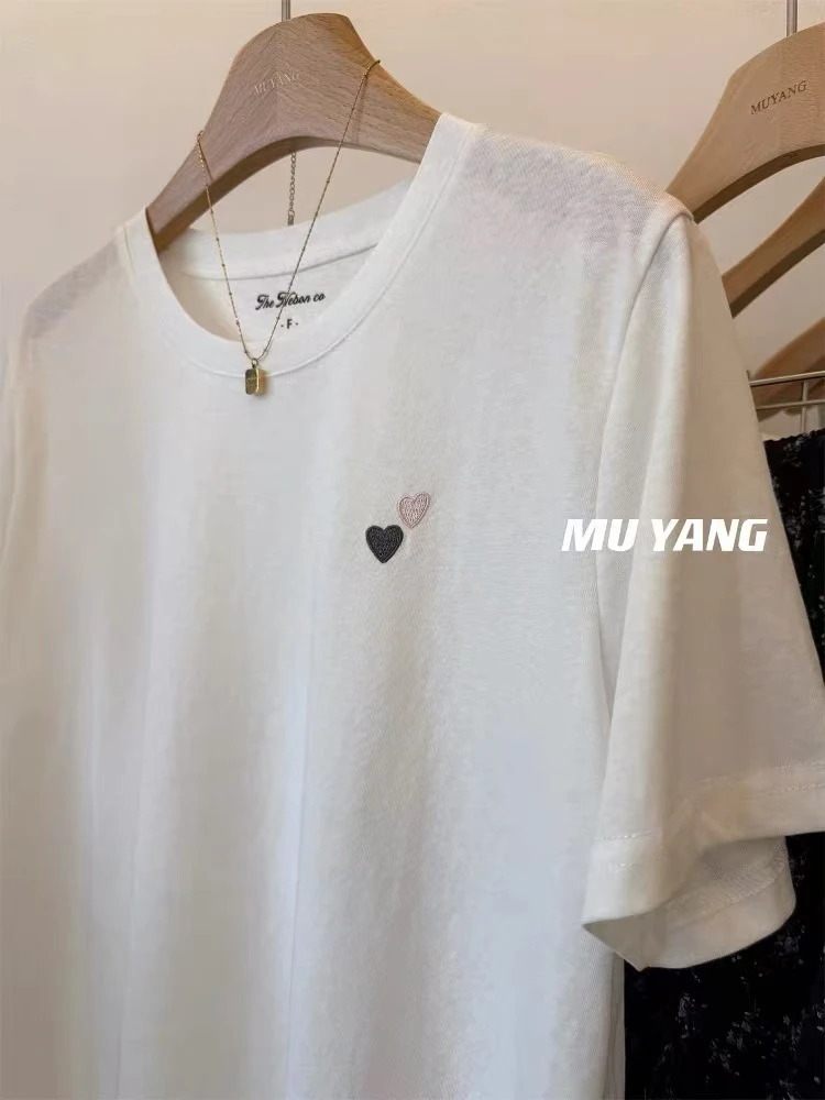 东大门25年新款小众简约韩系雪花棉圆领爱心刺绣短袖T恤宽松上衣