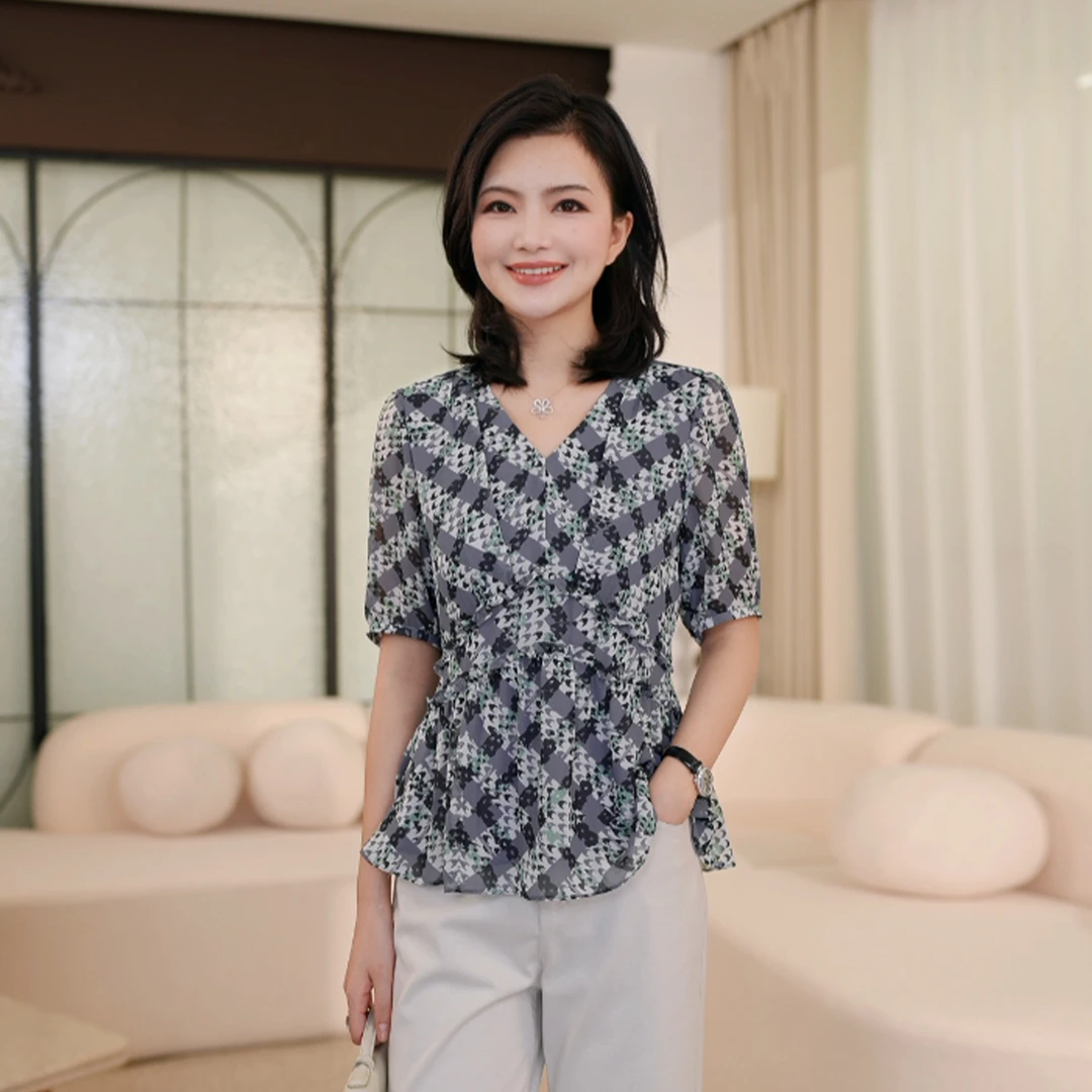 枫竺女装阿楠anan优雅通勤V领中袖印花收腰小衫女夏季轻薄衬衣