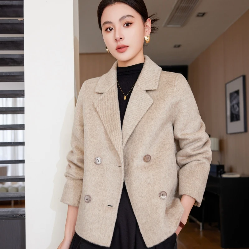 25-88 100羊毛春季新款短款双面羊毛大衣西装领宽松显瘦双排扣