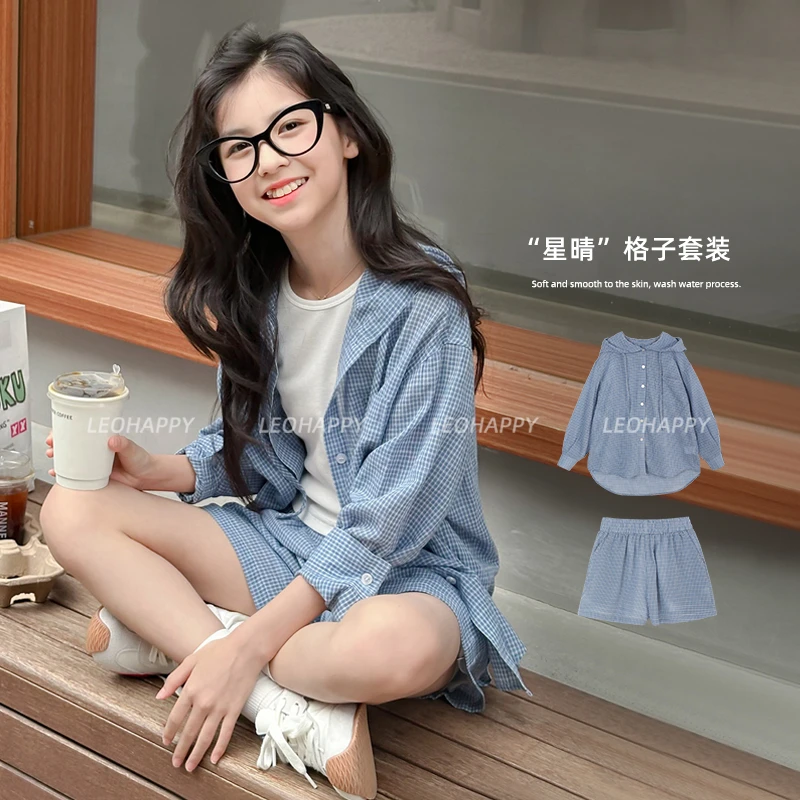 【星晴】百搭单排宽松连帽长袖格子衬衫短裤套装