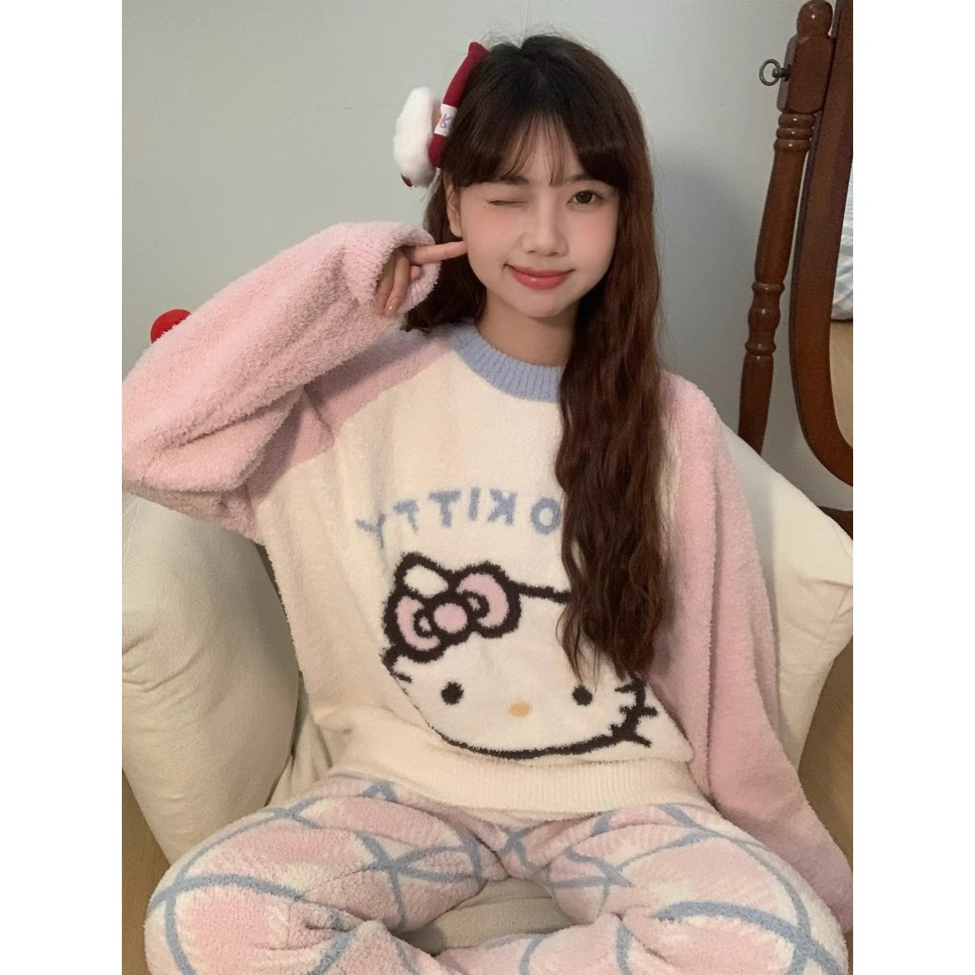 甜美半边绒睡衣女款冬季2024加厚针织衫长裤家居服套装