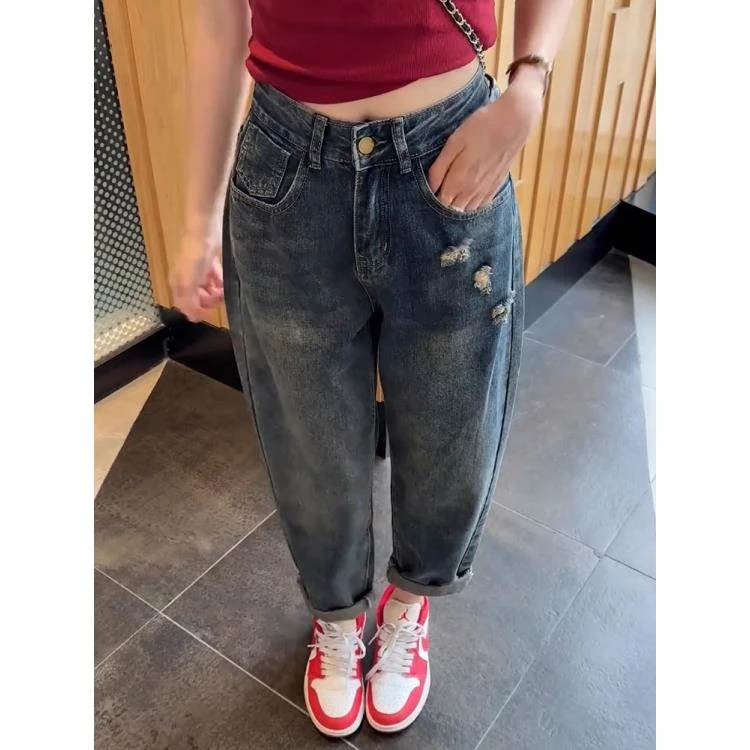 复古哈伦牛仔裤女2025春季新款梨形身材大码高腰显瘦老爹萝卜裤