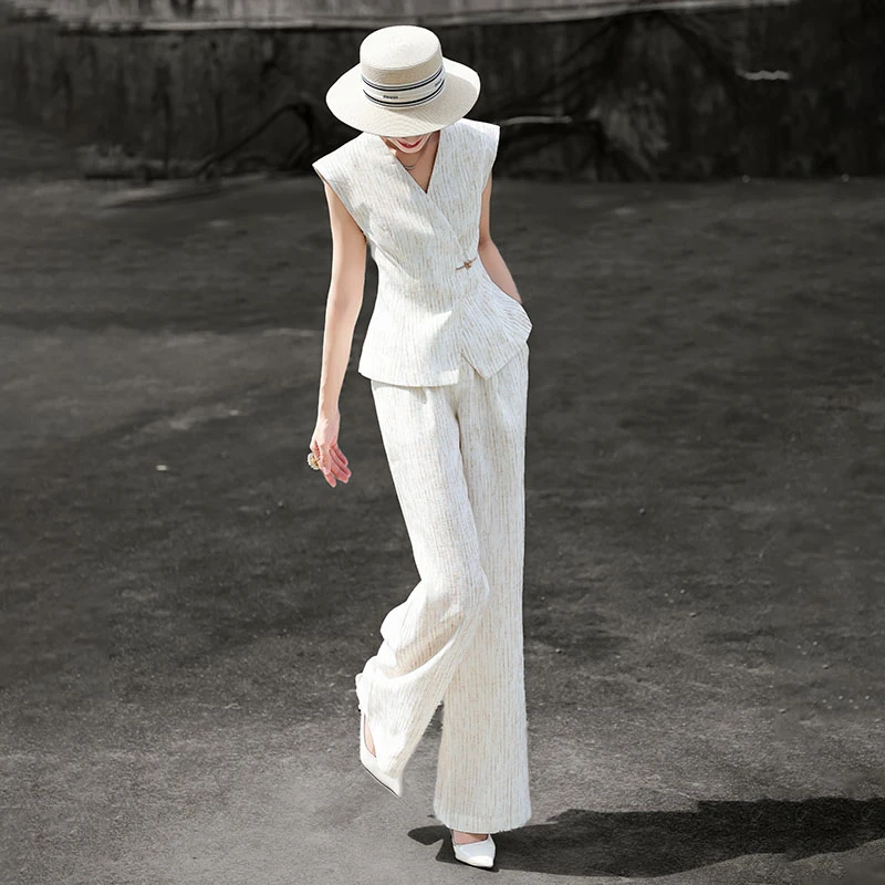 0756夏季新款高级感通勤收腰上衣阔腿裤套装