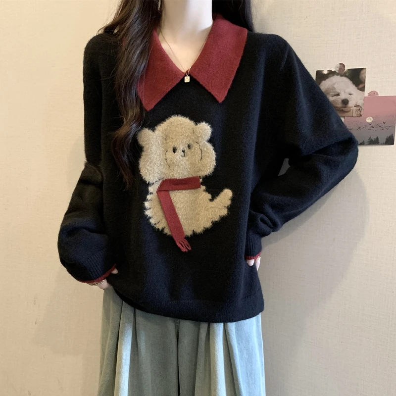 POLO领软糯毛衣女秋冬新款胖妹妹宽松遮肚子显瘦洋气百搭针织上衣