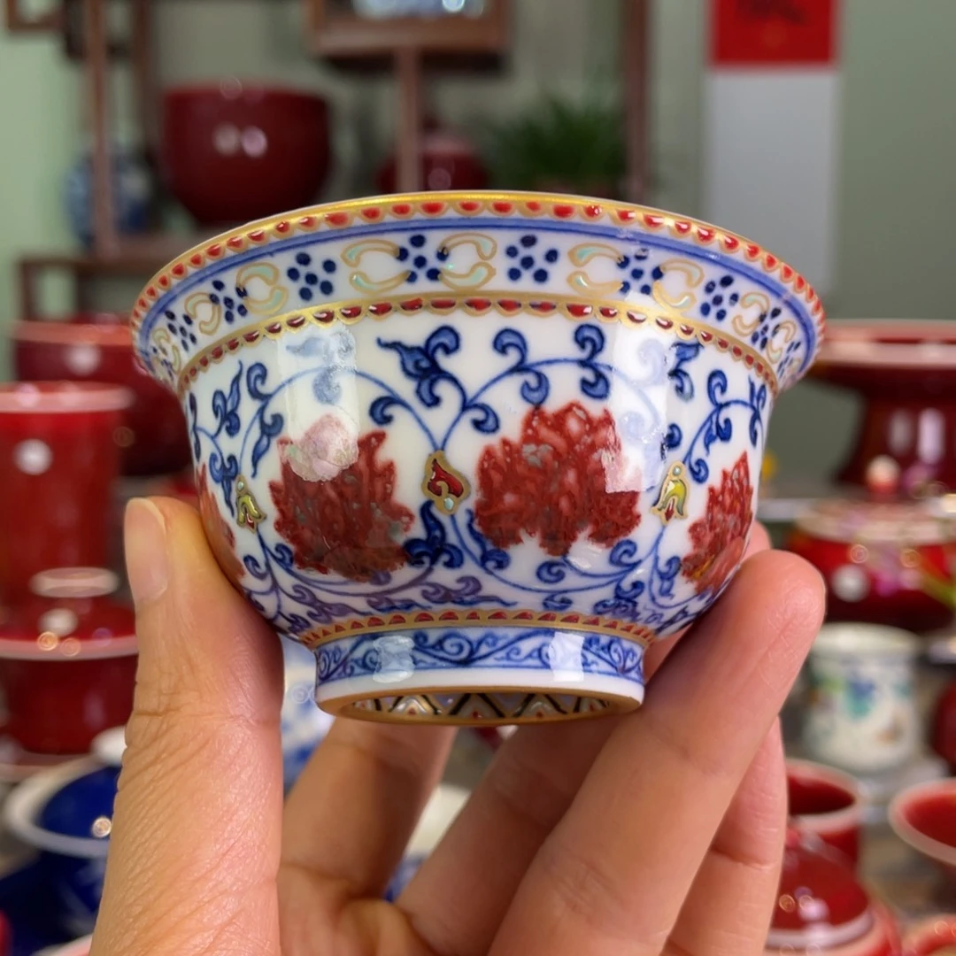 清欢雅玩原矿青花釉里红珐琅彩压手杯