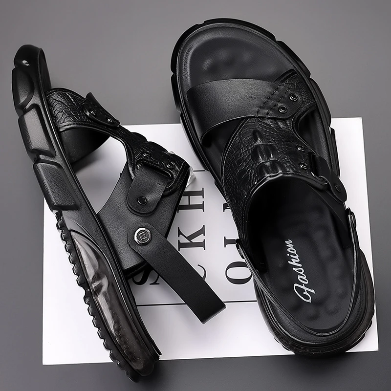 法帝卡尔克凉鞋男士夏季新款休闲时尚软底沙滩鞋开车两用真皮拖鞋