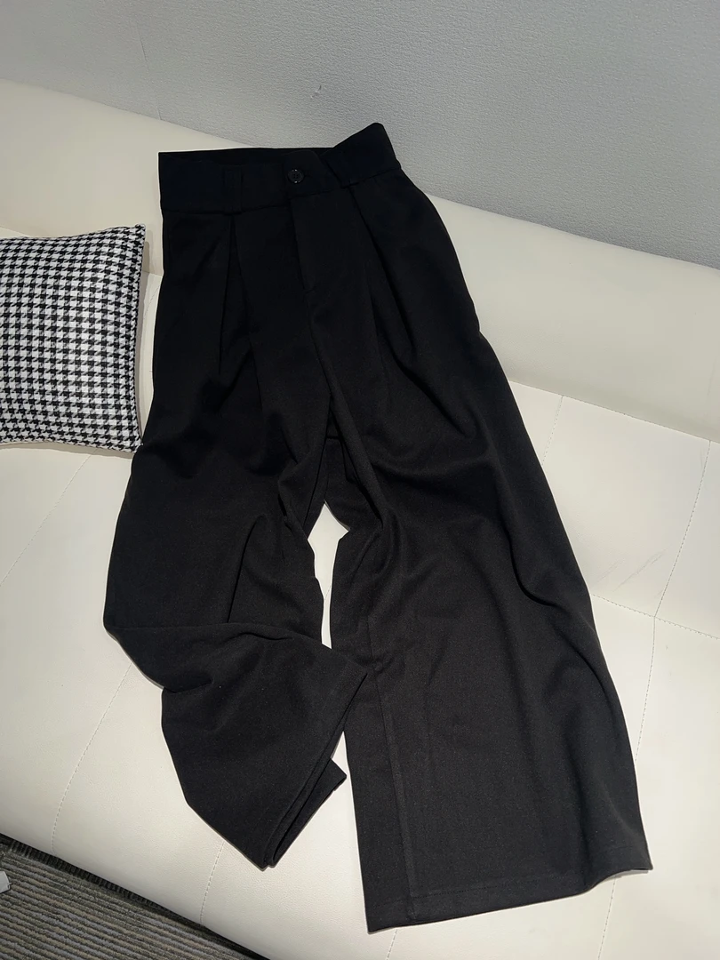 25ss磨毛多倒褶设计高腰显瘦黑色侘寂阔腿休闲秋冬长裤女