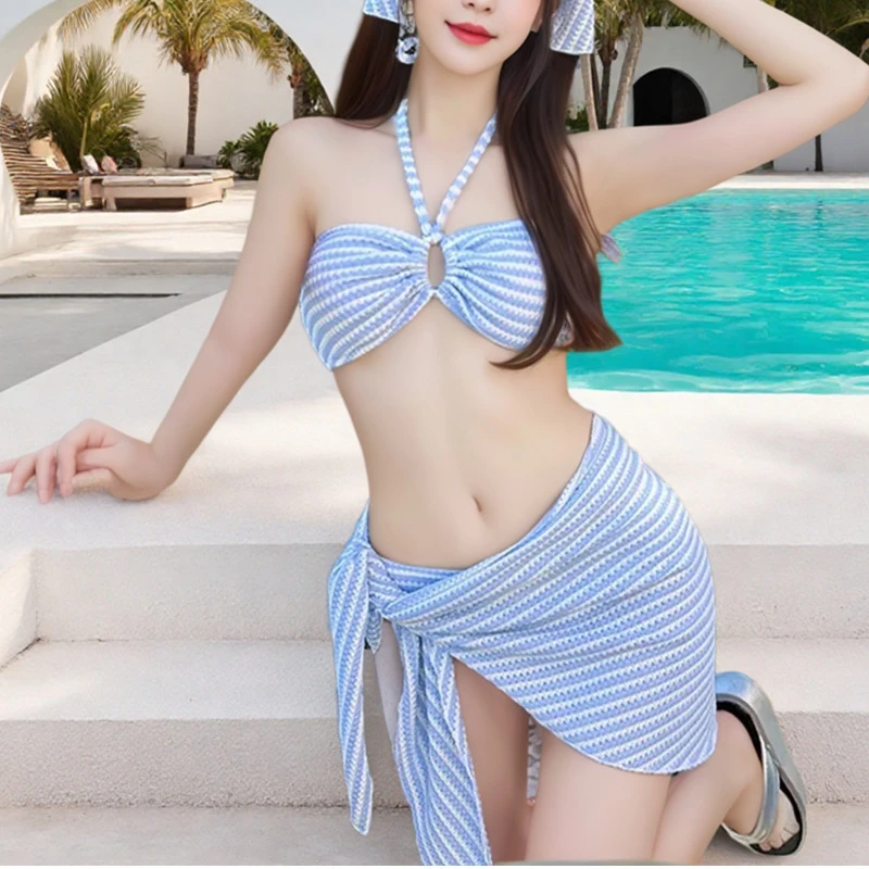 2025新款分体泳衣女夏甜美少女比基尼四件套遮肉显瘦保守海边度假