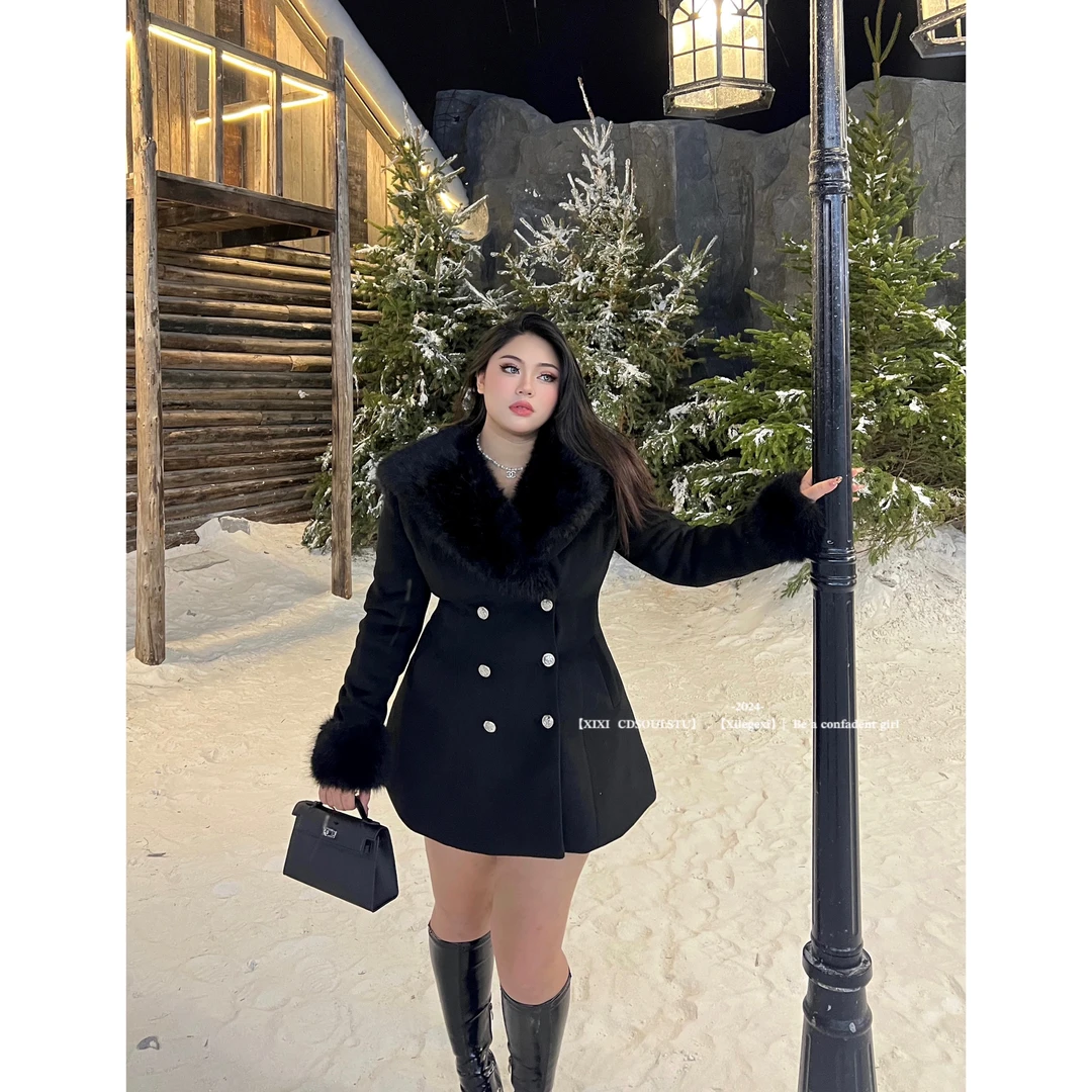 CD.soul【留学千金】大码高级感修身收腰毛呢外套女夹棉呢子大衣