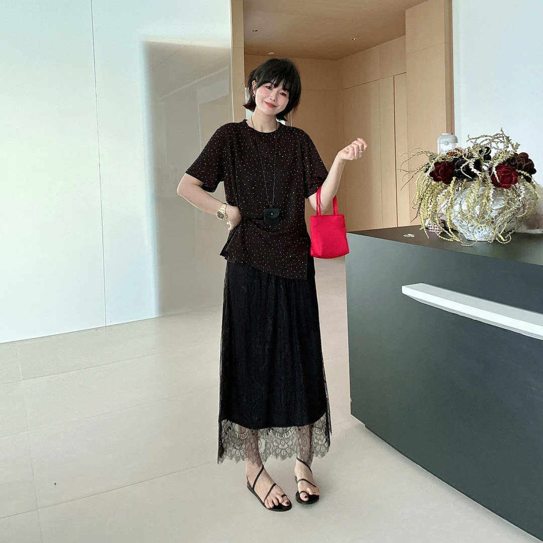 春夏优雅气质蕾丝拼接两面穿中长款A字裙