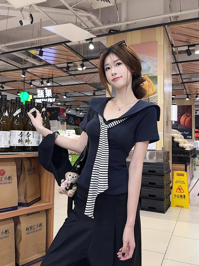 学院风海军领短袖T恤女装夏季复古条纹撞色领带修身显瘦掐腰上衣