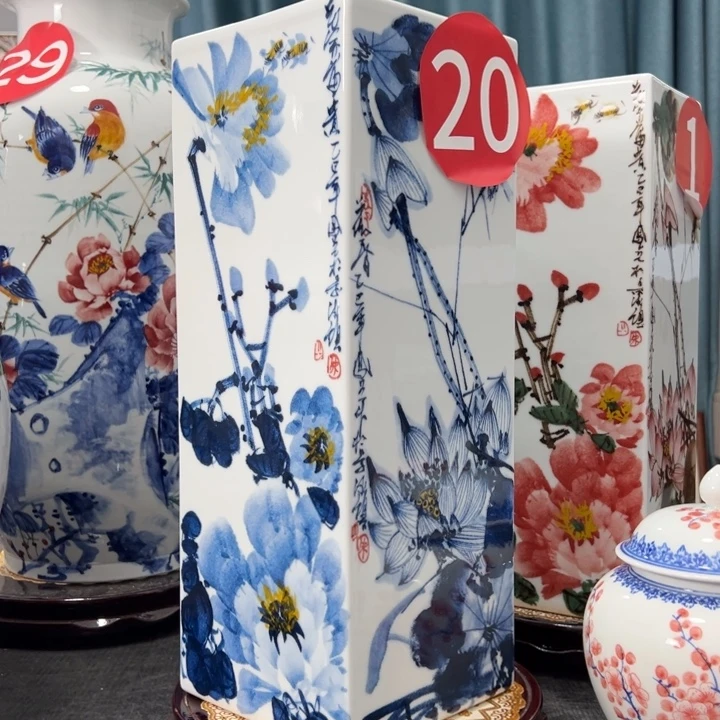 开***果陶青花镶器四方瓶春夏秋冬