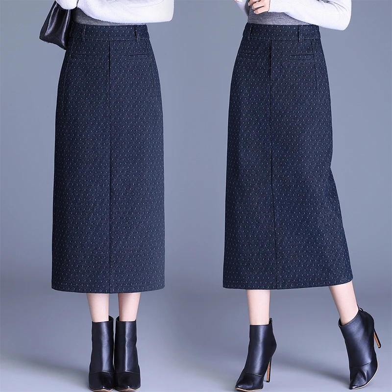 针织牛仔半身裙女秋冬季2025新款高腰显瘦中长款包臀裙开叉一步裙