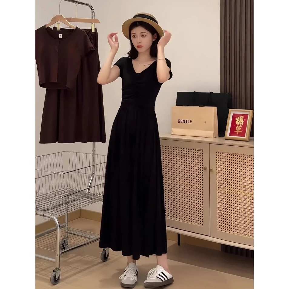 大码法式茶歇设计感褶皱开叉连衣裙夏季胖mm高级感显瘦气质长裙女