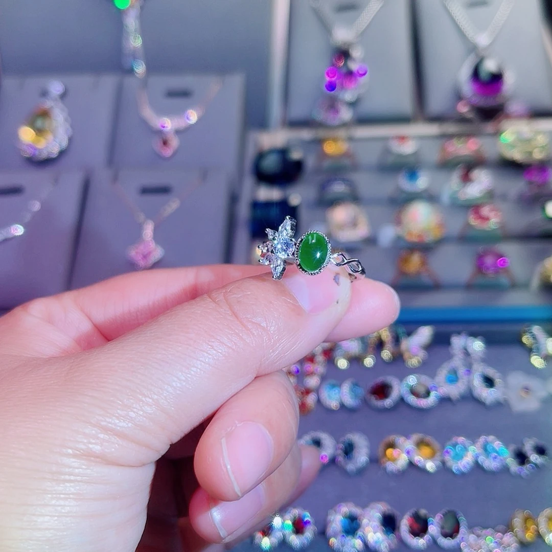 银S925镶嵌戒指和田玉（碧玉）娟