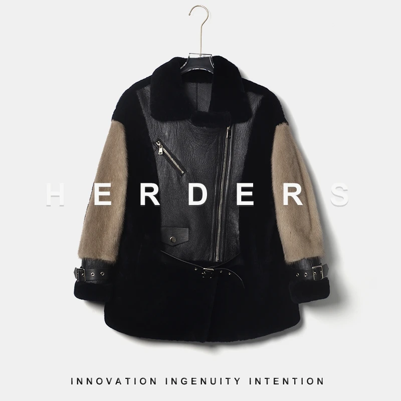 HERDERS 短款翻领拉链款拼皮貂外套 255510