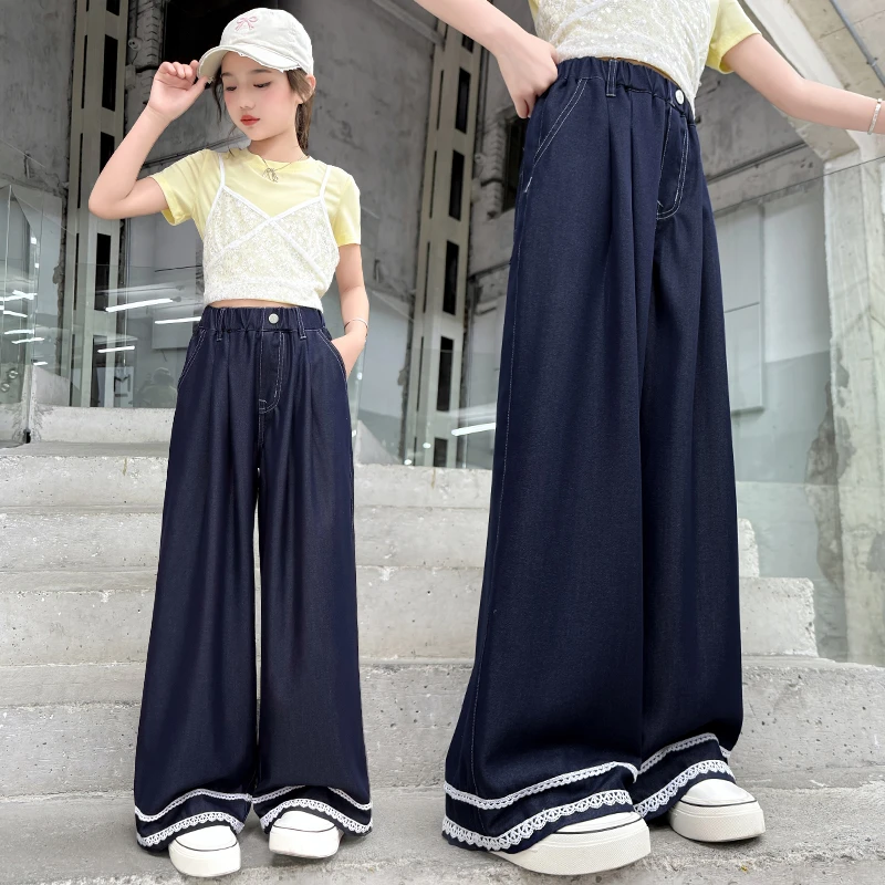 女童牛仔裤夏季2025薄款儿童蕾丝花边休闲直筒裤大童薄天丝阔腿裤