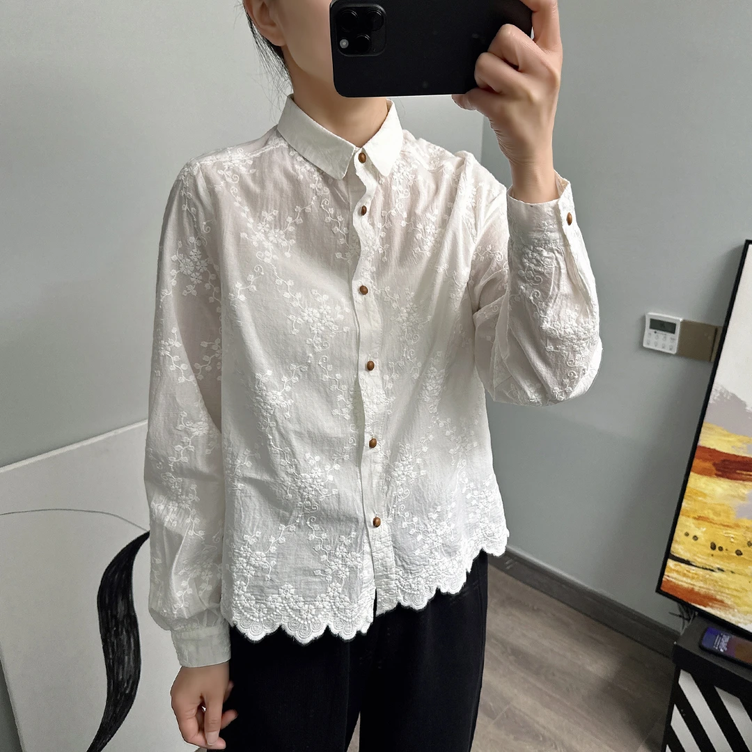 小个子蕾丝花边衬衫女全棉精致舒适透气短款衬衣元宝领宽松上衣